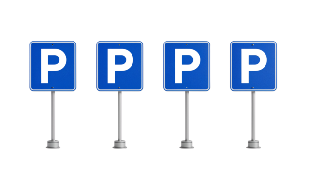 Isolated parking signage array, blue square signs displaying the letter 'P' indicating parking