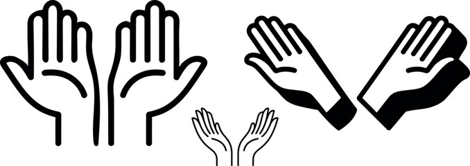 Collection of stylized black and white hand icons representing various gestures and actions