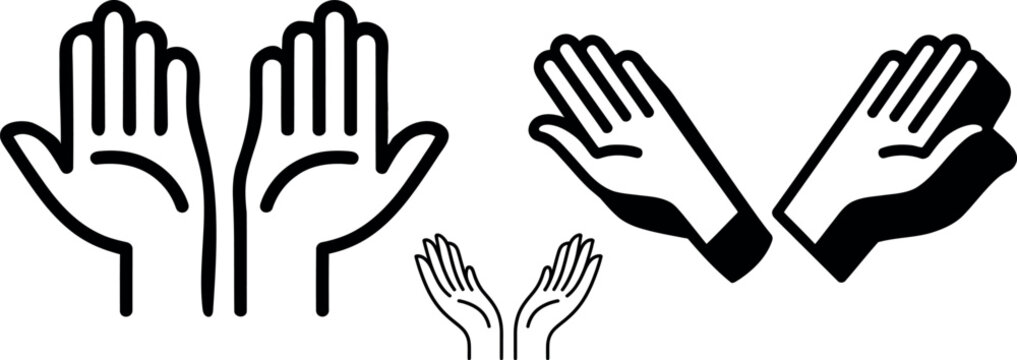 Collection of stylized black and white hand icons representing various gestures and actions