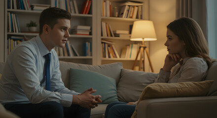 Fototapeta premium Therapist and Patient in Counseling Session, Warm Evening Lighting
