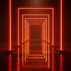 Red neon tunnel, glowing arches
