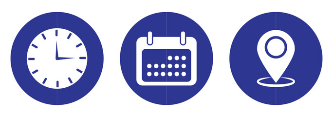 Calendar, Location pin, Clock icons. Event icon set. Address, time, date symbols vector.  position, clock and calendar symbol. business vector design. eps 10