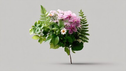 delicate bouquet of pink and white flowers with lush green ferns and foliage