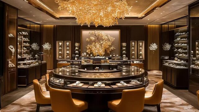 Opulent jewelry showroom interior featuring elegant displays and warm ambient lighting