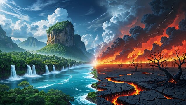 Climate Change Impact Contrasting Landscapes Nature Versus Destruction