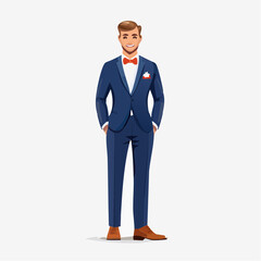 Fototapeta premium a smiling groom wearing a navy blue suit and brown dress shoes, hands in pockets, on a plain white background