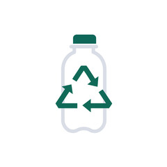 Flat design recycled plastic bottle logo with eco-friendly recycling symbol. Minimal, green vector icon for sustainable packaging, conservation, and waste reduction themes.