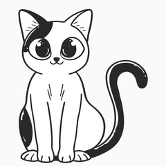 Adorable cartoon black and white cat with big expressive eyes sitting and curled tail