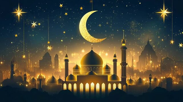 Radiant golden light glows from a city of mosques under a starry night sky with a large crescent moon.