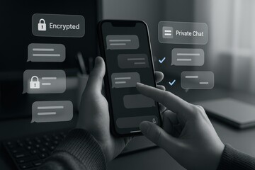 Mobile Encrypted Messaging App with Private Chat Interface, Lock Icons and End-to-End Security Design
