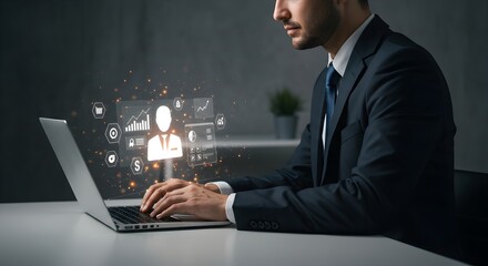 Businessman checking digital credit score on laptop