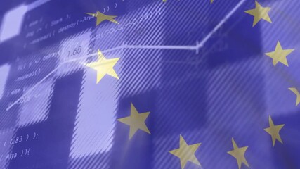 EU flag waving triggers data fading with bars pulsing and line rising to visualize market trends - Powered by Adobe