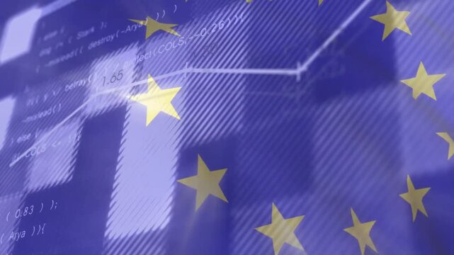 EU flag waving triggers data fading with bars pulsing and line rising to visualize market trends