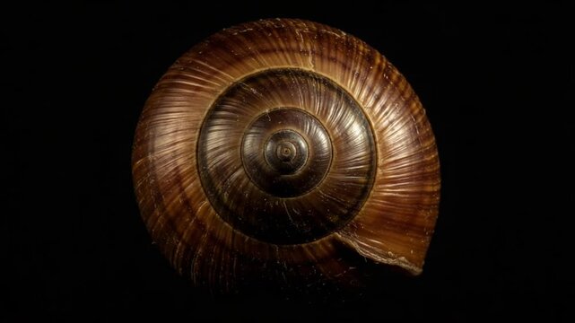 Close-up of a spiral snail shell on black background