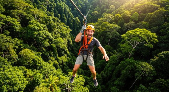 A man ziplining through a lush, green jungle. The activity concept of adventure and thrill. - Powered by Adobe
