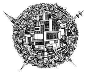Panoramic cityscape monochrome drawing. Vector illustration, JPEG version.