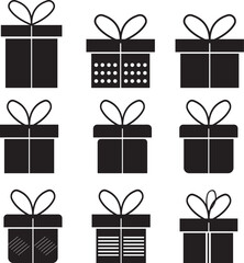 Gift Box Icons Set - Black Silhouette Presents with Ribbons