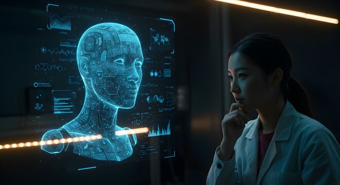 Female researcher conversing with glowing AI head hologram in dark lab