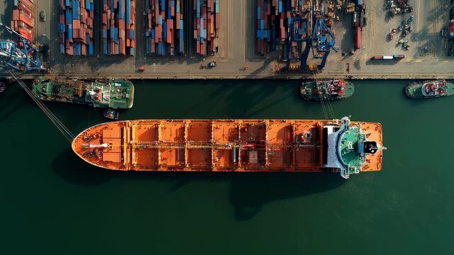 An aerial view of a vessel anchored near a bustling port with the supercapacitor system prominently displayed atop the deck highlighting its role in handling peak power loads during