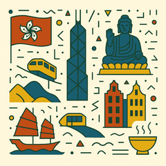 Hong Kong Culture Icons Illustration: Flag, Skyline, Buddha and Junk Boat