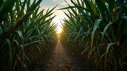 First-person view walking through a cornfield path at sunset