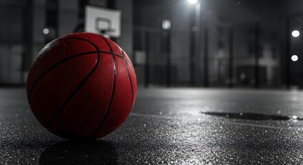 Red basketball close-up on wet asphalt court under moody night lights