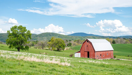 Obraz premium An old red barn in a large grassland area