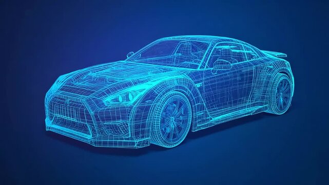 Sleek sports car rendered as a vibrant blue holographic projection for engineering visualization
