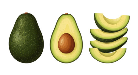 Avocado set. Whole, Half with seed and Slices, Green Colors, Detailed, Realistic, Element. Transparent Background.