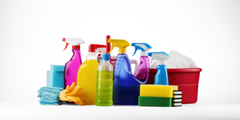 A colorful assortment of cleaning supplies and sponges on a transparent background