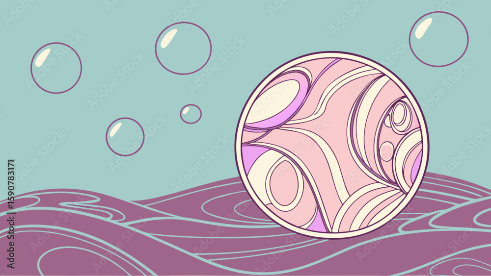 Poster abstract scene with bubbles floating above stylized waves and a circular patterned design element cr
