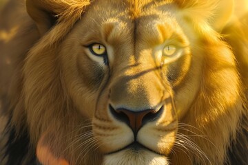 Naklejka premium Majestic Lion's Gaze: A close-up portrait of a regal lion, radiating power and dignity, with a striking gaze that draws the viewer in.