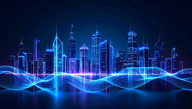 Futuristic City Skyline at Night with Neon Lights and Digital Wave