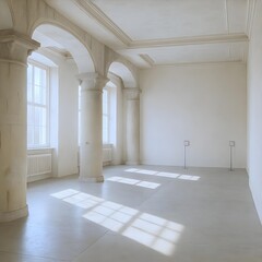 Sunlit Arches and Columns: The play of light and shadow accentuates the grand architecture of a spacious room featuring a series of elegant arches and classical columns.