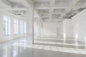 Naklejka premium Open Exhibition Space: A modern and spacious interior of a contemporary art gallery or exhibition space bathed in natural light.