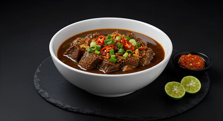 Close-up of a bowl of traditional Indonesian beef stew, featuring chunks of beef and offal, simmered in a rich, dark brown gravy.