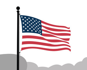 United States flag silhouette, flat vector illustration of American flag waving in motion on flagpole, patriotic national symbol for banners signage and civic graphics.