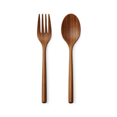 A wooden fork and spoon set against a transparent background