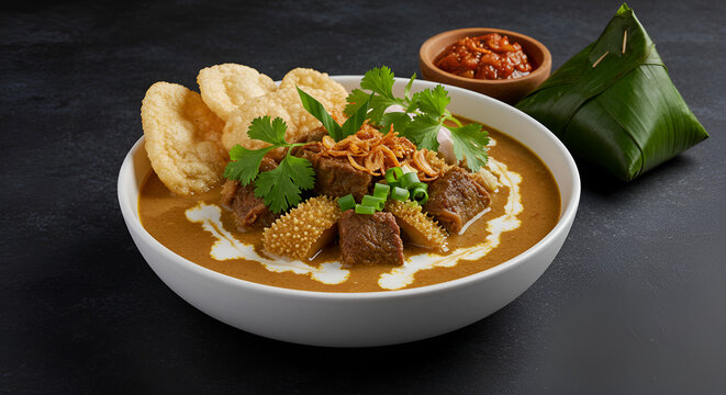 Close-up of a bowl of Coto Makasar, a flavorful Indonesian beef and tripe soup.