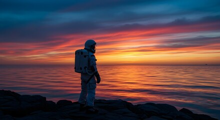 Serene background of astronaut standing by calm water during vivid sunset, blending space and peaceful earth scene