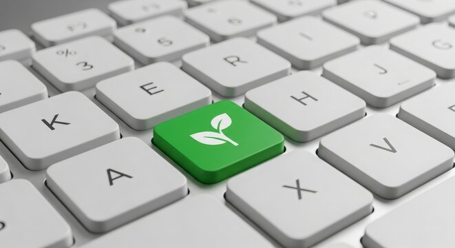 A Vibrant Green Button with a Leaf Icon on a Modern Keyboard, Sustainability Symbol on Technology, Green Technology Symbol Keyboard, Leaf icon for sustainability - Powered by Adobe
