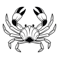 A stylized black and white illustration of a crab with its claws raised defensively showcasing its segmented body and multiple legs