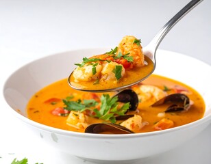 Close up of spoon lifting thick seafood bisque with fresh herbs on clean white background