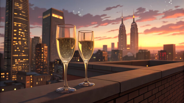 Two champagne flutes on rooftop overlooking cityscape at sunset with orange and pink sky views - Powered by Adobe