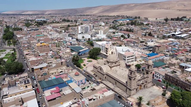 Aerial view of the city of Tacna during the morning. Scenic Latin America landscape