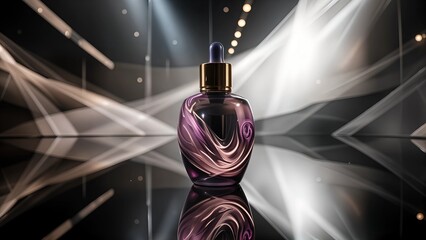 A sleek cosmetic mockup displayed on a reflective surface, featuring an elegant bottle with a liquid foil gradient. Soft LED lighting casts a warm glow, highlighting the intricate flowing lines of the