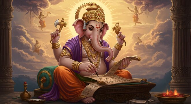 Hindu deity Ganesha writing scripture in divine scene - Powered by Adobe