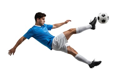 Soccer Kick Background with Player Performing Mid-Air Scissor Kick on Clean White Studio Scene