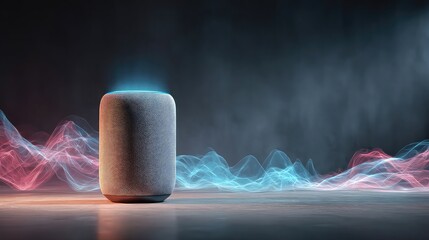 Voice assistant technology with modern devices waveform overlays and user interaction perfect for smart home and conversational AI content
