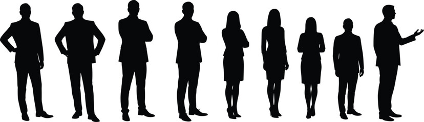 PrintBusiness team silhouette vector illustration, group of professionals standing together, men and women in suits, office people, teamwork concept design